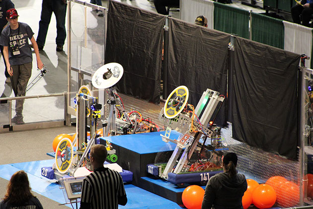 A picture of our robot on the second platform before the auton mode started.