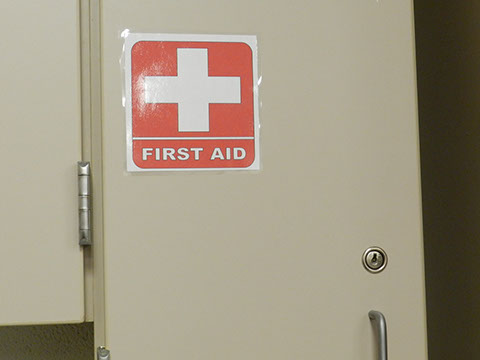 First aid kit cabinet located in the Common room