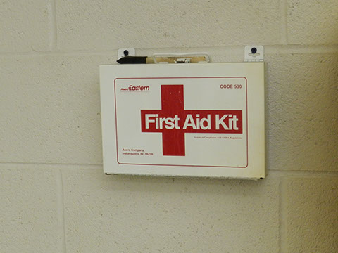 First Aid Kit located in the botcave build room next to the sink