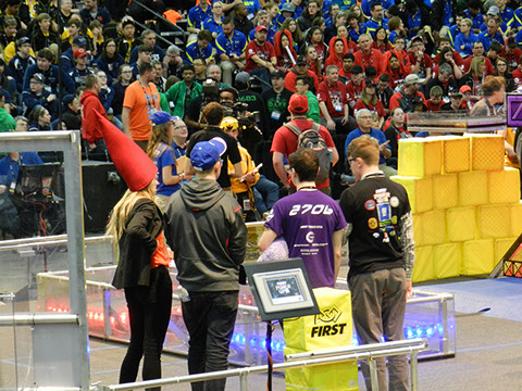 A picture of all four team representatives together during the alliance pick. From left to right: Team  #2013,Team #141, Team #2706,and Team #1189.