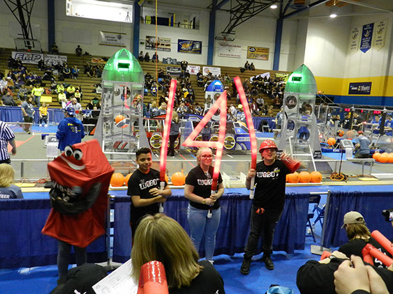 Our cheer team with our Mascot Wobot!