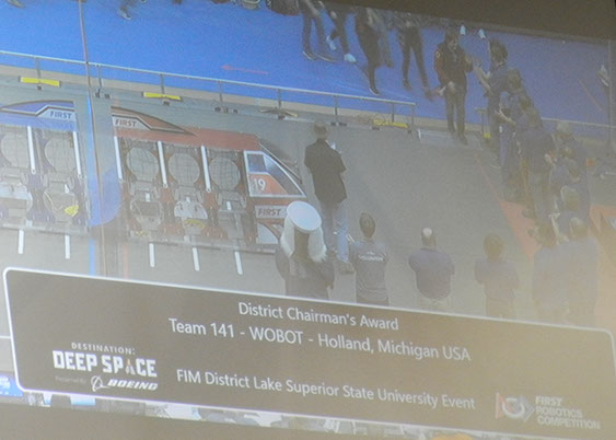 A picture of the screen saying we won the District Chairman's Award! We were so excited and proud of the entire team for winning!  (At the end of the judges line was the Lake Superiors Duck Mascot, who was also giving hi fives to all the team who won an award! lol)