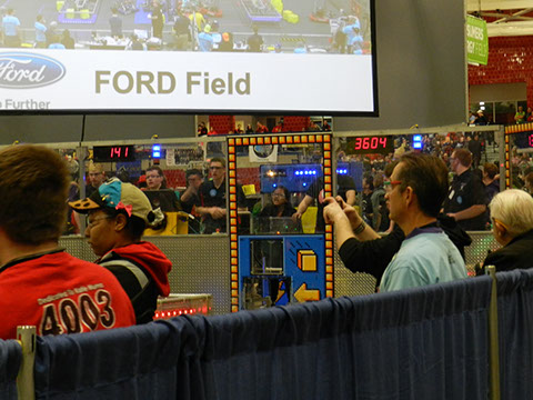 Our team waiting in the drivers section with the rest of our alliance partners as teleop was running.