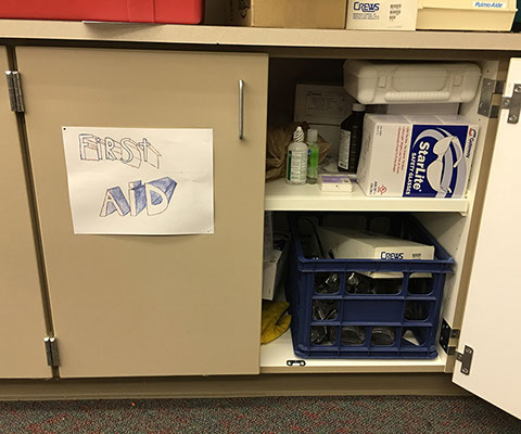 FIRST Aid Cabinet in the Design+Build Room